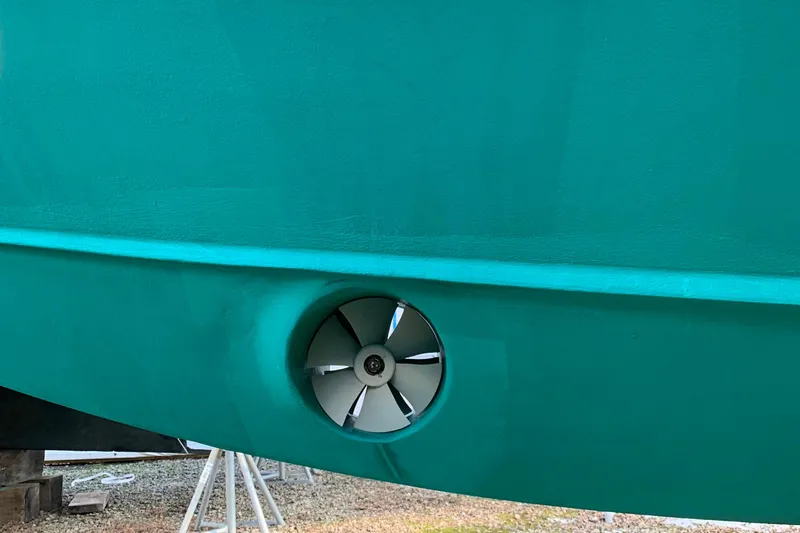 Tranquility Yacht Photos Pics 2008 Back Cove 33 Hard Top Express boat hull with visible thruster.