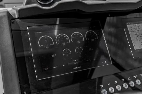  Yacht Photos Pics Dashboard of 2022 Azimut Atlantis 51 yacht with Garmin display showing gauges.