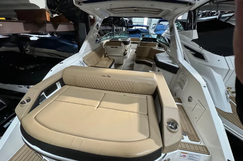  Yacht Photos Pics 2020 Sea Ray SLX 310 boat interior with luxurious seating and modern design.