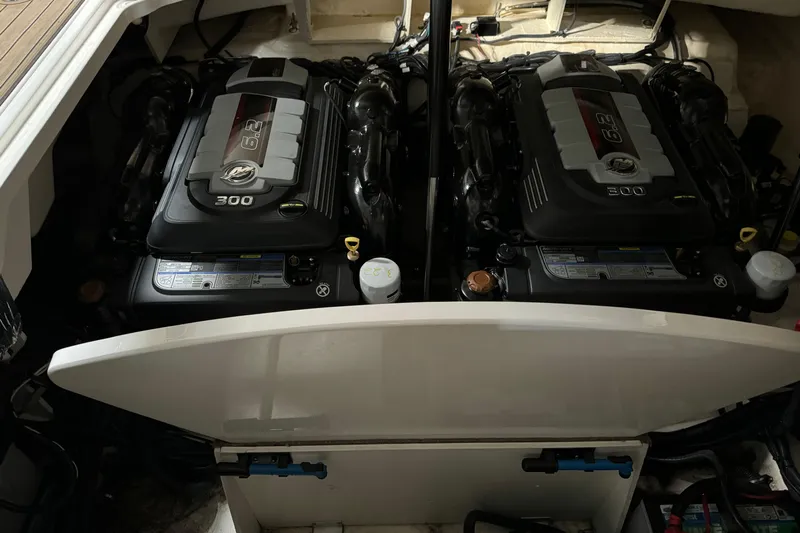 Yacht Photos Pics 2020 Sea Ray SLX 310 engine compartment with dual 6.2L 300 horsepower engines.