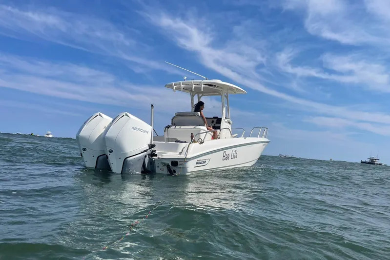 Bae Life Yacht Photos Pics 2022 Boston Whaler 270 Dauntless boat on open water under a clear blue sky.