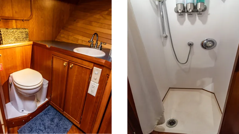  Yacht Photos Pics 2002 Kristen Yachts Pilothouse Explorer 52 bathroom with wooden cabinetry and shower area.
