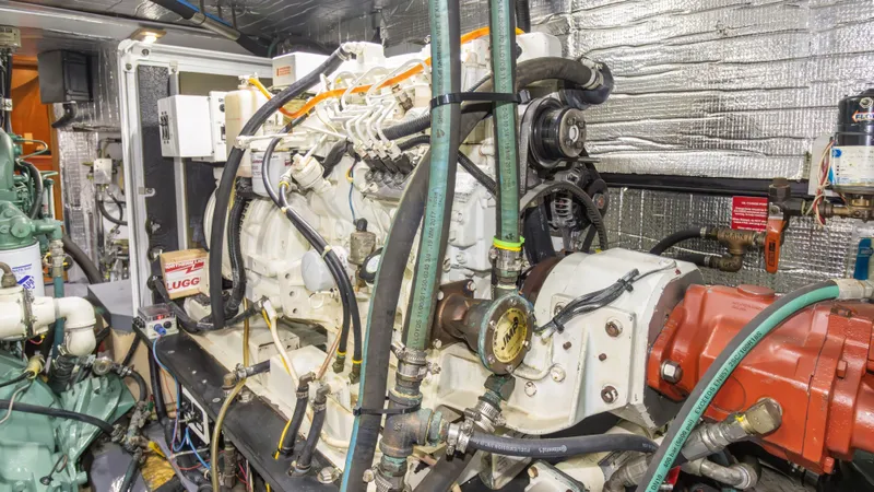  Yacht Photos Pics Engine room of a 2002 Kristen Yachts Pilothouse Explorer 52, showcasing complex machinery and components.