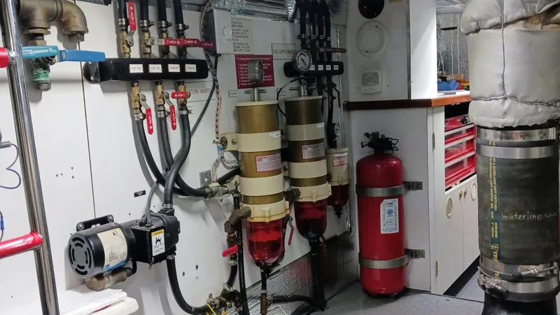  Yacht Photos Pics Engine room of 2002 Kristen Yachts Pilothouse Explorer 52 with equipment and fire extinguisher.