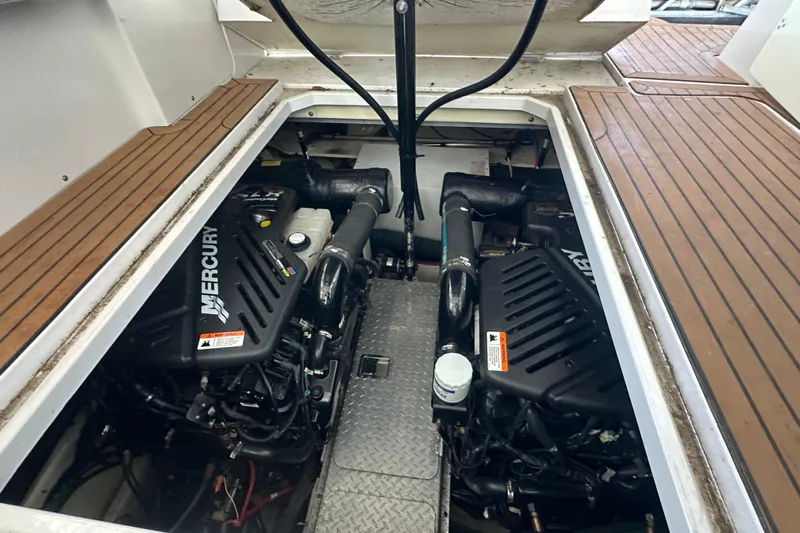  Yacht Photos Pics Engine compartment of 2006 Four Winns 378 Vista with twin Mercury engines.