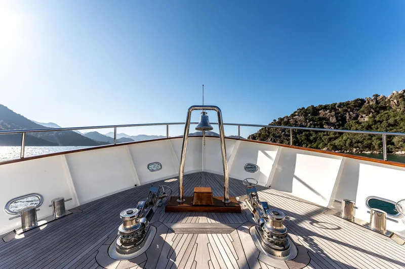 Yosma Yacht Photos Pics Luxurious 2013 Motor Yacht, 71-foot deck view, surrounded by scenic mountains and clear blue sky.