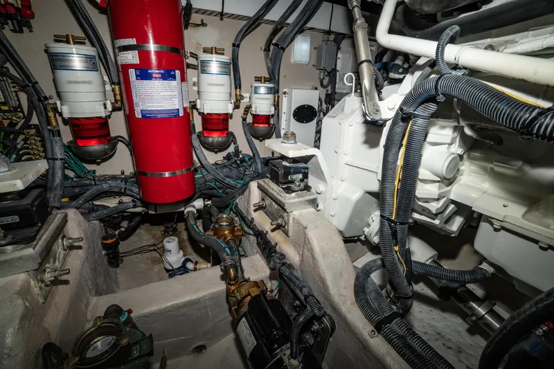 Yacht Photos Pics Engine room of 2017 Sea Ray Sundancer 460 with fire suppression system and wiring.