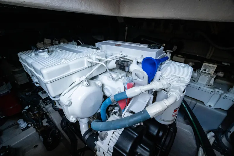  Yacht Photos Pics Engine compartment of a 2017 Sea Ray Sundancer 460 yacht, showcasing mechanical components.