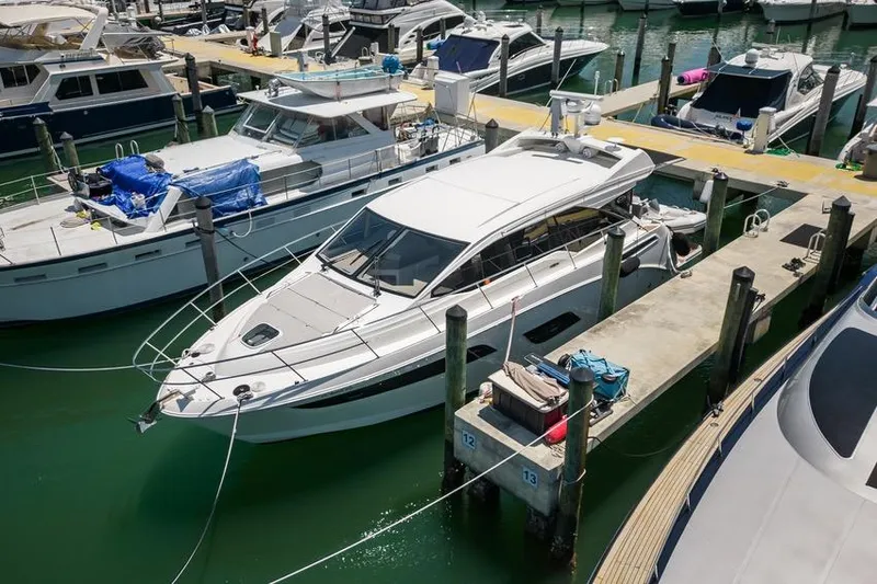  Yacht Photos Pics 2017 Sea Ray Sundancer 460 yacht docked at marina, surrounded by other boats.