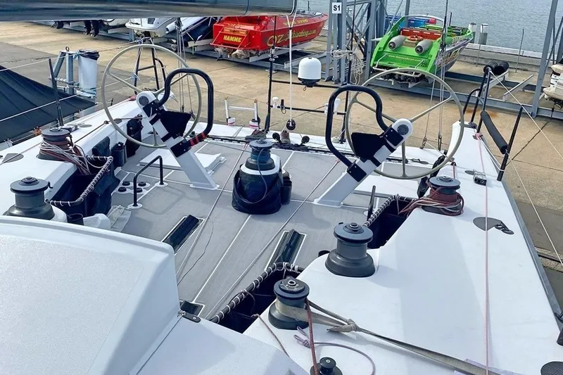 Maverick Yacht Photos Pics Deck view of 2015 Infiniti 46 yacht with dual steering wheels and winches.