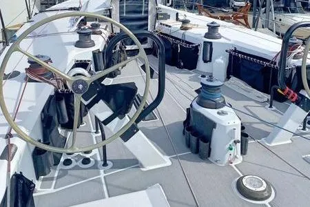 Maverick Yacht Photos Pics 2015 Infiniti 46 yacht deck with dual steering wheels and winches.