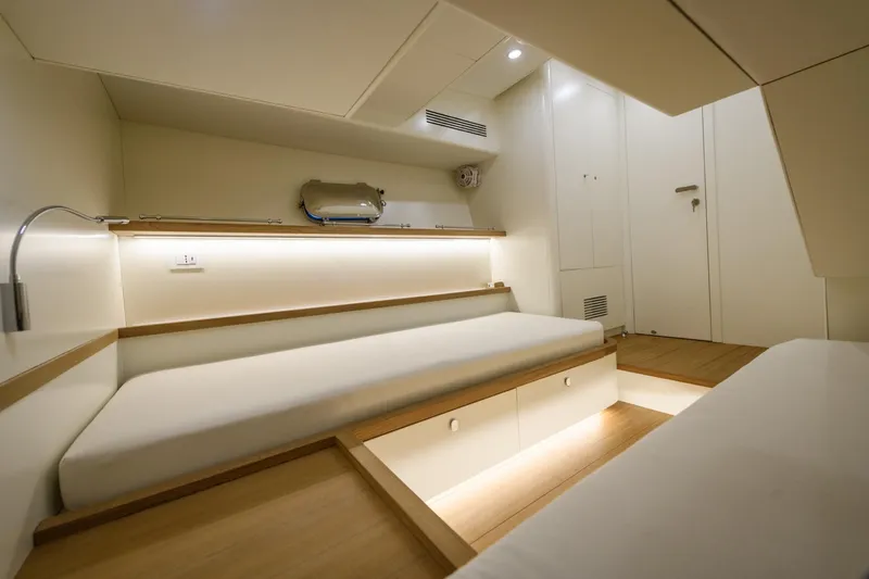 51 Fly Yacht Photos Pics Modern interior of 2025 Toy 51 Fly yacht cabin with sleek design and ambient lighting.