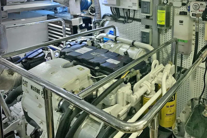 Bravo! Yacht Photos Pics Engine room of 2012 Outer Reef Yachts 700 Motoryacht with CAT marine power system.