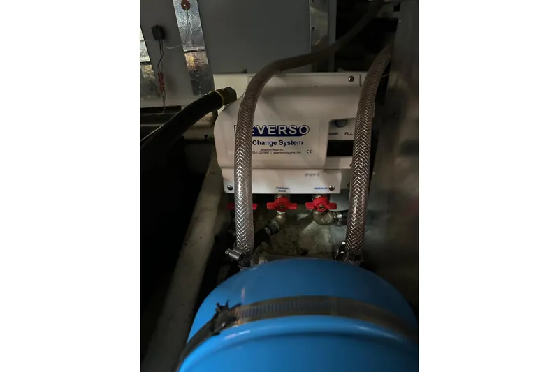  Yacht Photos Pics Engine room of 1987 Albin North Sea Trawler with Reverso oil change system.