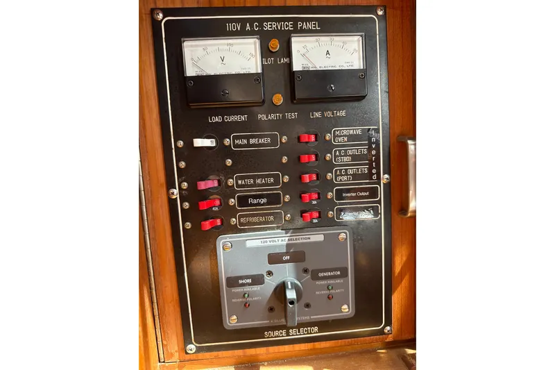  Yacht Photos Pics Electrical service panel on a 1987 Albin North Sea Trawler boat.