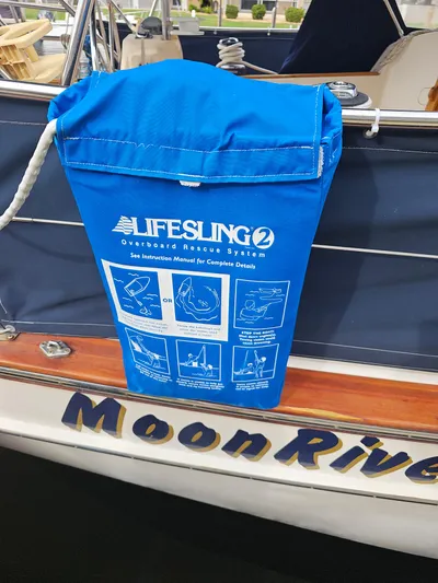 Moon River Yacht Photos Pics Island Packet 350 sailboat with Lifesling2 rescue system, named "Moon River," 2002 model.