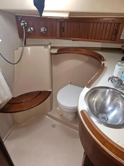 Moon River Yacht Photos Pics 2002 Island Packet 350 yacht bathroom with shower, sink, and wooden accents.