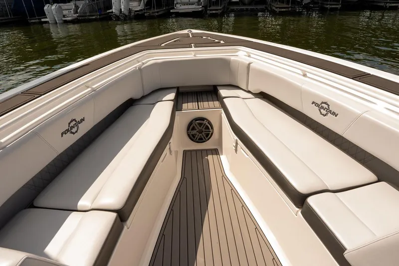  Yacht Photos Pics 2018 Fountain 38 SCX boat interior with luxurious seating and sleek design.