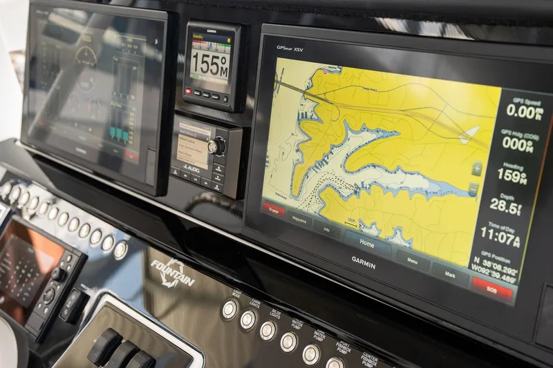  Yacht Photos Pics Dashboard of 2018 Fountain 38 SCX boat with Garmin navigation displays.
