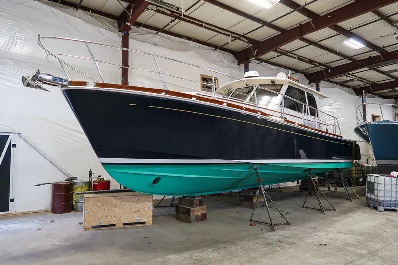 Blue Tang Yacht Photos Pics 2007 Grand Banks 39 Eastbay SX yacht in indoor storage facility.