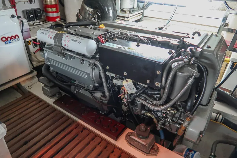 Blue Tang Yacht Photos Pics Engine room of 2007 Grand Banks 39 Eastbay SX with Yanmar engine and Onan generator.