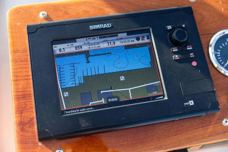 Maruffa Yacht Photos Pics Simrad marine GPS display on 1980 Dyer 29 boat dashboard.