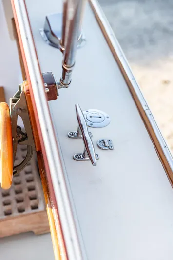 Maruffa Yacht Photos Pics Close-up of a 1980 Dyer 29 boat deck with cleat and fittings.