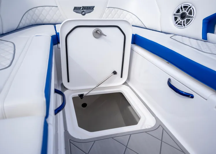  Yacht Photos Pics 2024 Deep Impact 399 Sport boat interior with storage compartment and speaker.