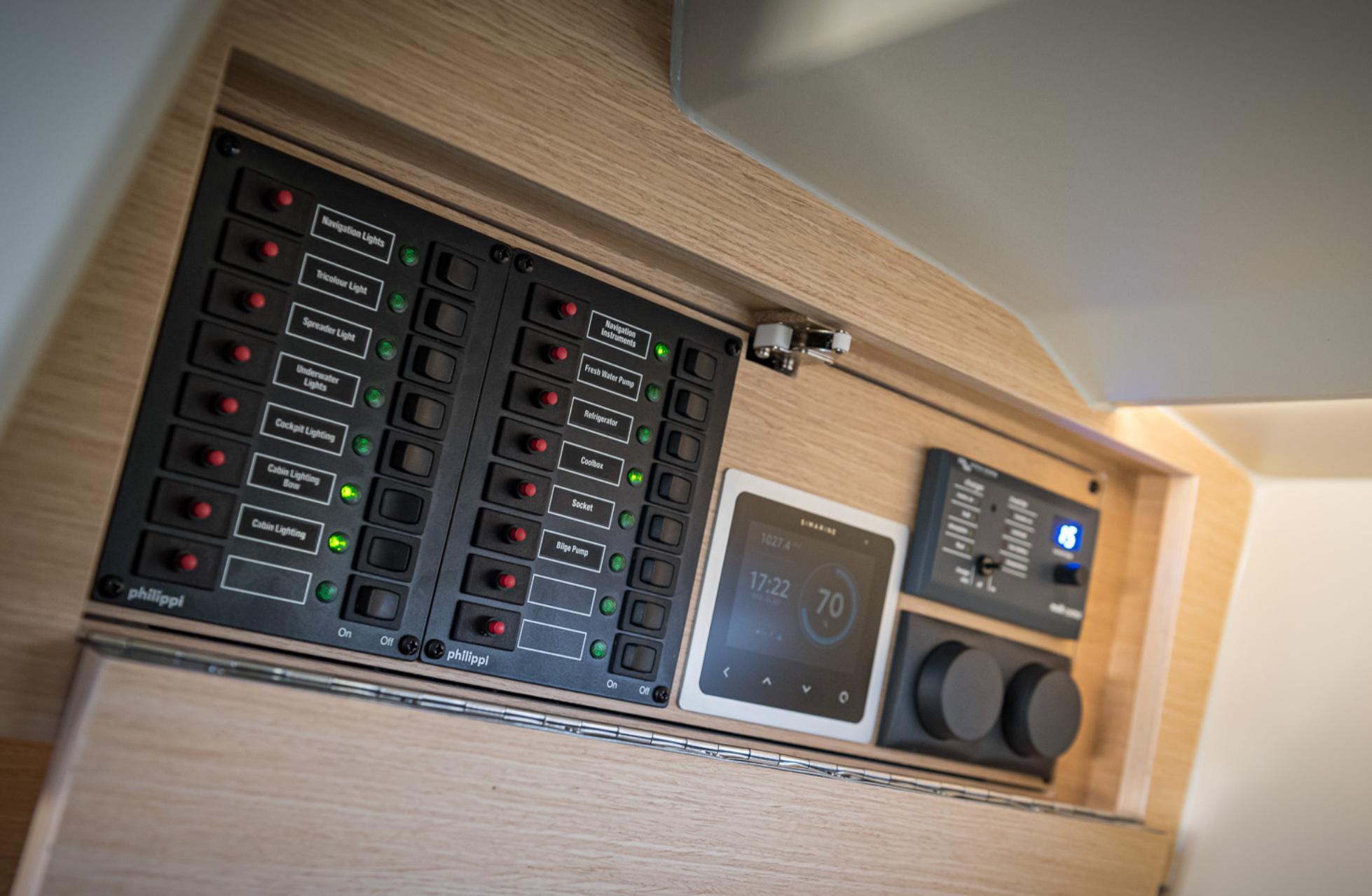 Control panel of 2023 Saffier 33 Life yacht with switches and digital display.