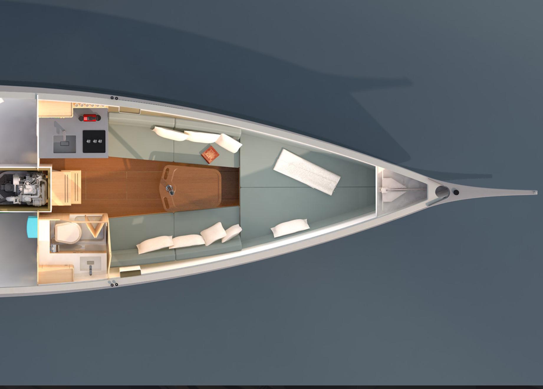 Top view of 2023 Saffier 33 Life yacht interior layout, featuring seating and amenities.