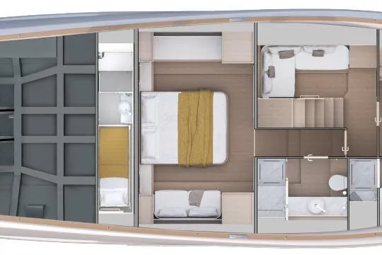  Yacht Photos Pics Interior layout of 2026 Solaris Power 60 yacht, featuring bedrooms and bathrooms.