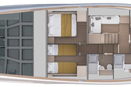  Yacht Photos Pics Floor plan of 2026 Solaris Power 60 yacht interior layout with bedrooms and bathrooms.