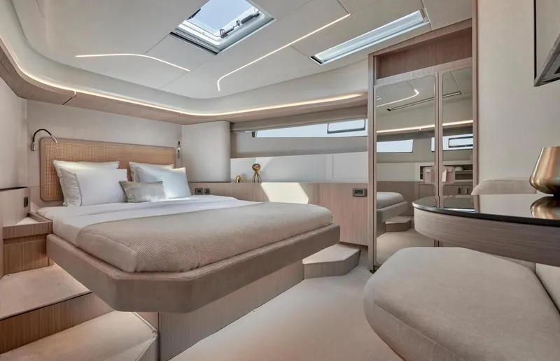  Yacht Photos Pics Luxurious interior of 2025 Prestige F 4.9 yacht with modern bedroom design.