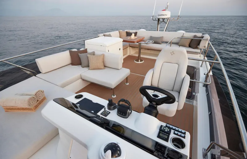  Yacht Photos Pics Luxurious 2025 Prestige F 4.9 yacht deck with seating and navigation controls.