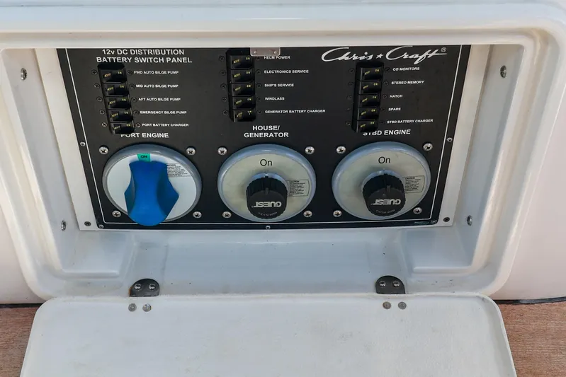 Aphrodite Yacht Photos Pics Battery switch panel on 2004 Chris-Craft Roamer 40 boat, featuring engine and generator controls.