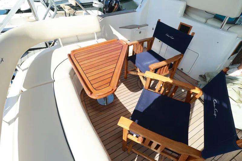 Aphrodite Yacht Photos Pics 2004 Chris-Craft Roamer 40 yacht deck with wooden chairs and table.