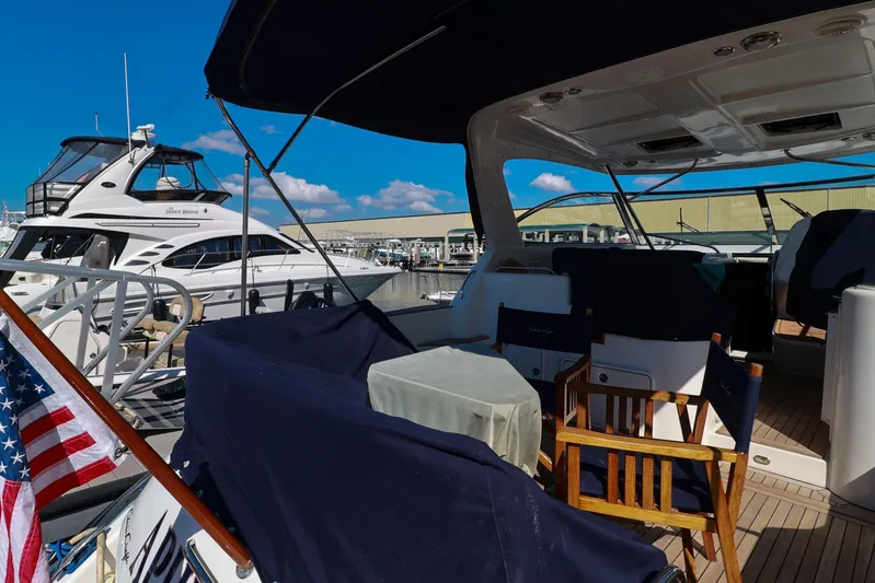 Aphrodite Yacht Photos Pics 2004 Chris-Craft Roamer 40 yacht interior with seating, docked at marina.