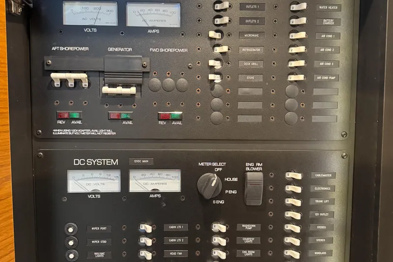 After Glow Yacht Photos Pics Electrical control panel of 2016 Tiara Yachts 39 Coupe, featuring voltage and amperage meters.