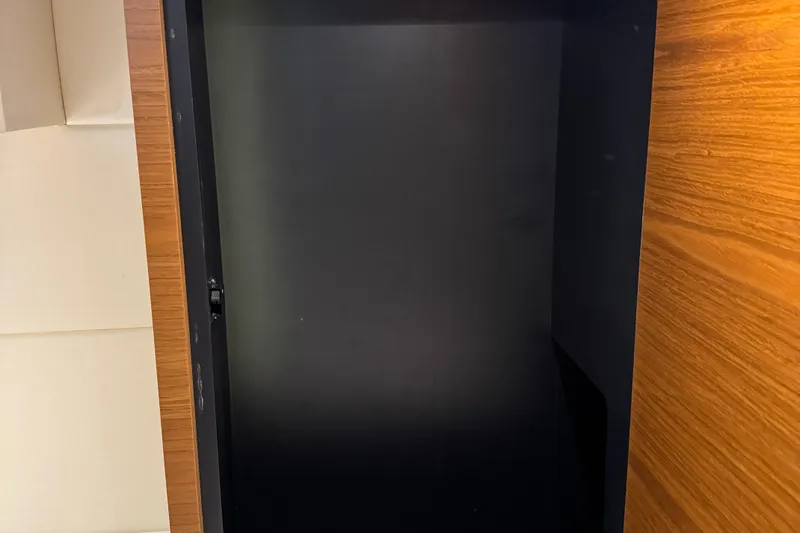 After Glow Yacht Photos Pics Empty black screen on Tiara Yachts 39 Coupe, 2016 model interior.