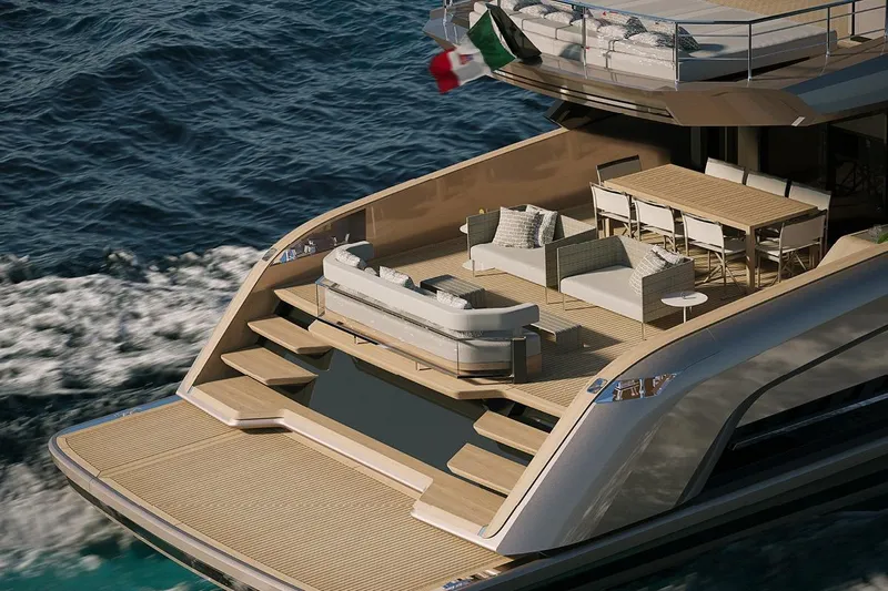  Yacht Photos Pics Luxurious 2026 Solaris Power 70 Long Range yacht with elegant outdoor seating and dining area.