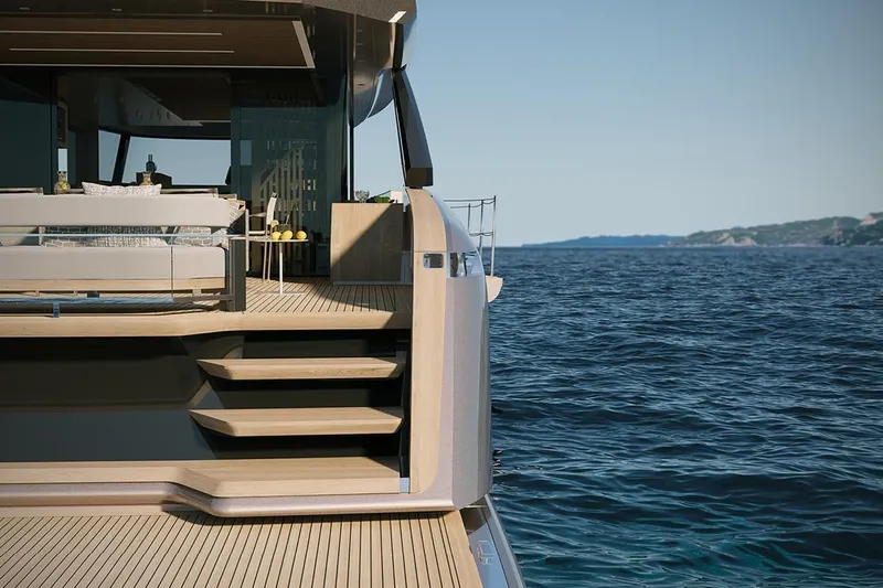  Yacht Photos Pics Luxurious 2026 Solaris Power 70 Long Range yacht on open sea, featuring elegant deck design.