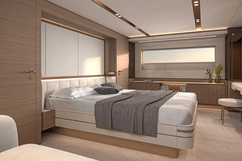  Yacht Photos Pics Luxurious bedroom interior of 2026 Solaris Power 70 Long Range yacht, featuring modern design and elegant furnishings.