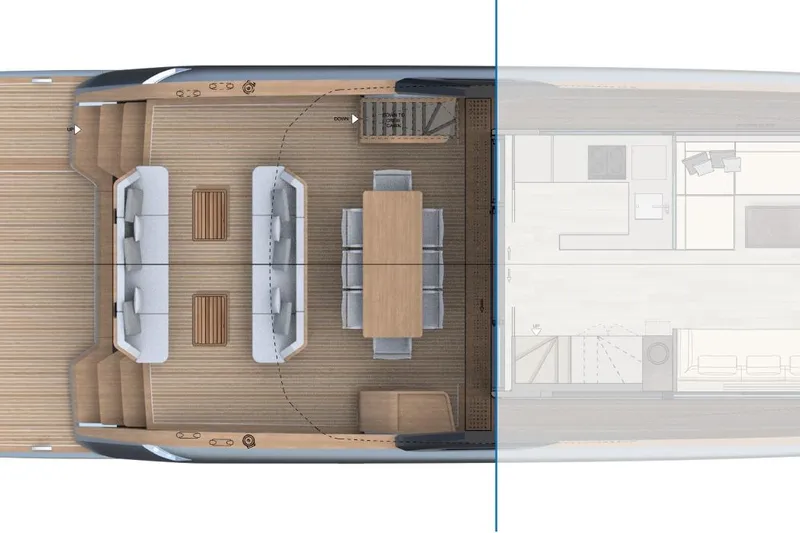  Yacht Photos Pics Top view of 2026 Solaris Power 70 Long Range yacht interior layout.