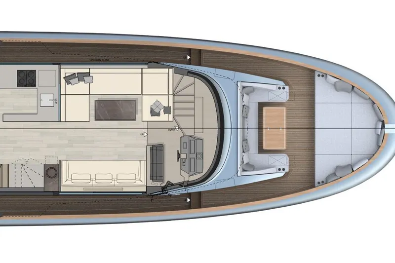  Yacht Photos Pics Top view layout of 2026 Solaris Power 70 Long Range yacht interior design.
