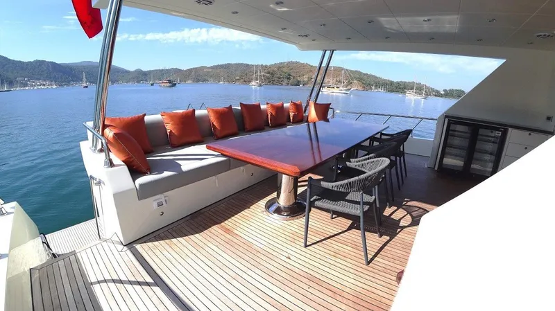  Yacht Photos Pics Luxurious 2024 Custom Modern Trawler RPH yacht deck with seating and dining area.