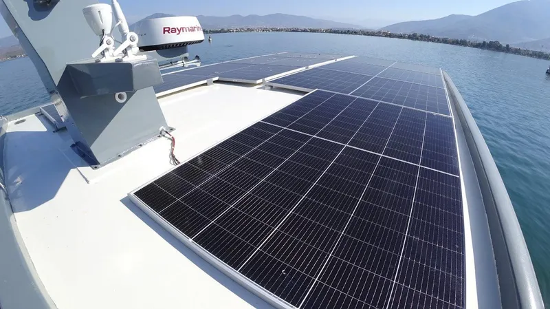  Yacht Photos Pics Solar panels on 2024 Custom Modern Trawler RPH, harnessing renewable energy on the water.