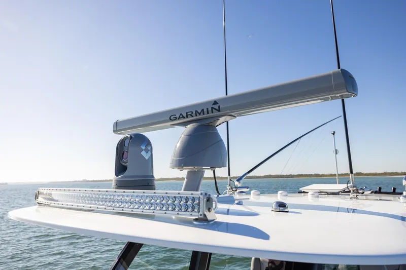 Jackie B Yacht Photos Pics 2024 Freeman 47 boat with Garmin radar system on a sunny day.