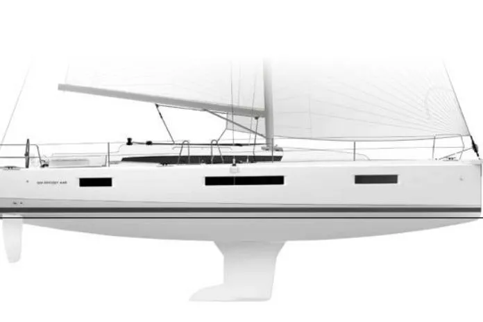 Boat Tox Yacht Photos Pics Jeanneau Sun Odyssey 440 sailboat, 2022 model, side view, sleek design, white hull.