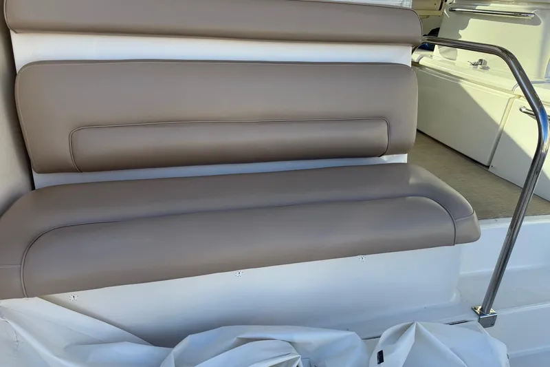 Teddy's Float Too Yacht Photos Pics Tiara Yachts 4300 Open 2015, beige seating area with stainless steel railing.