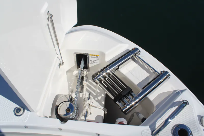 Going To The Sun Yacht Photos Pics Anchor locker and ladder of Boston Whaler 240 Vantage 2023.